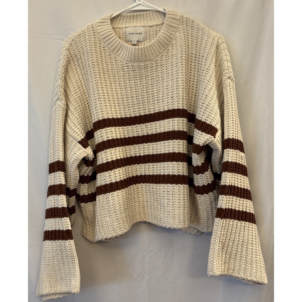 Pink Rose Ivory W/Brown Stripes Ribbed Knit Cropped Crewneck Sweater L